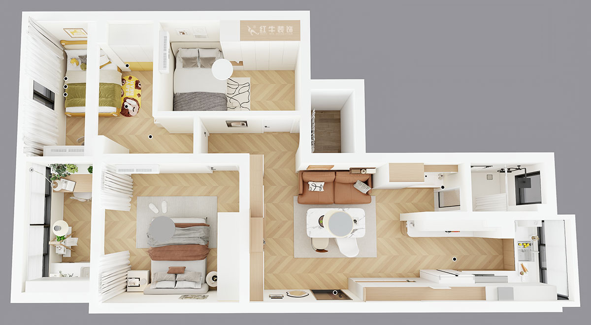 朱明琪｜金基公寓4-105-73㎡-原木风格｜3室1厅1卫｜老房改造｜定制家｜全包11万｜00_04鸟瞰图